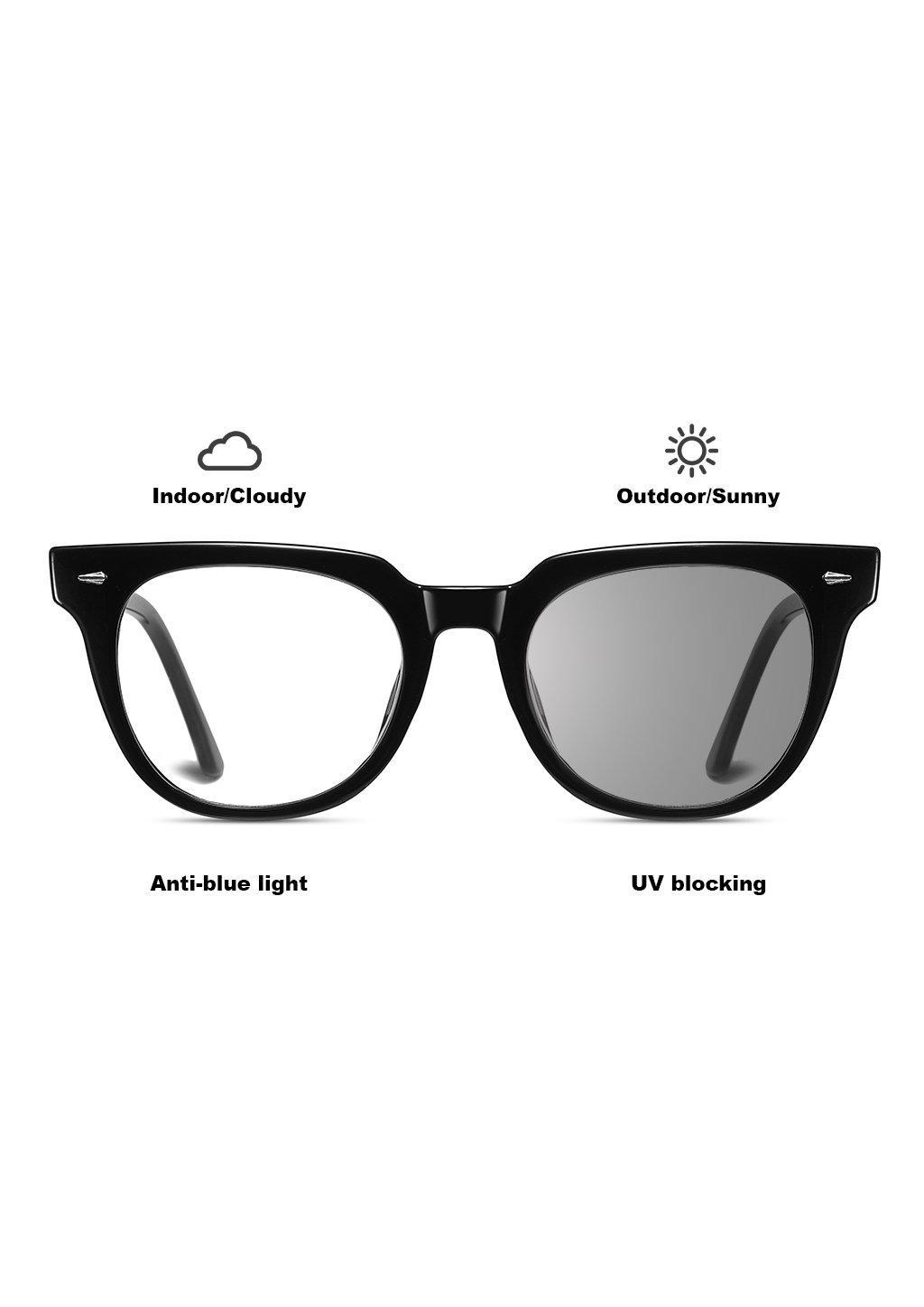 Hive anti blue-light glasses with a stylish cat-eye design, available in black, tortoise, and clear colors.