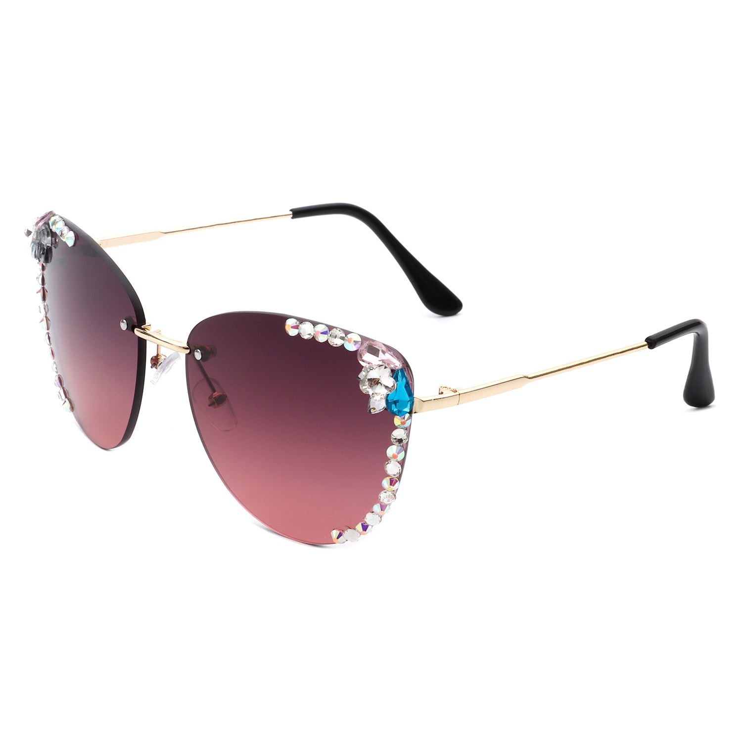 Nightbri Women Rimless Tinted Chic Rhinestone Fashion Cat Eye sunglasses with stylish cat-eye shape and rhinestone accents.