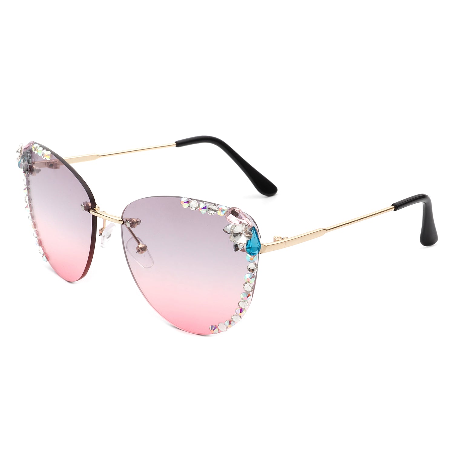 Nightbri Women Rimless Tinted Chic Rhinestone Fashion Cat Eye sunglasses with stylish cat-eye shape and rhinestone accents.