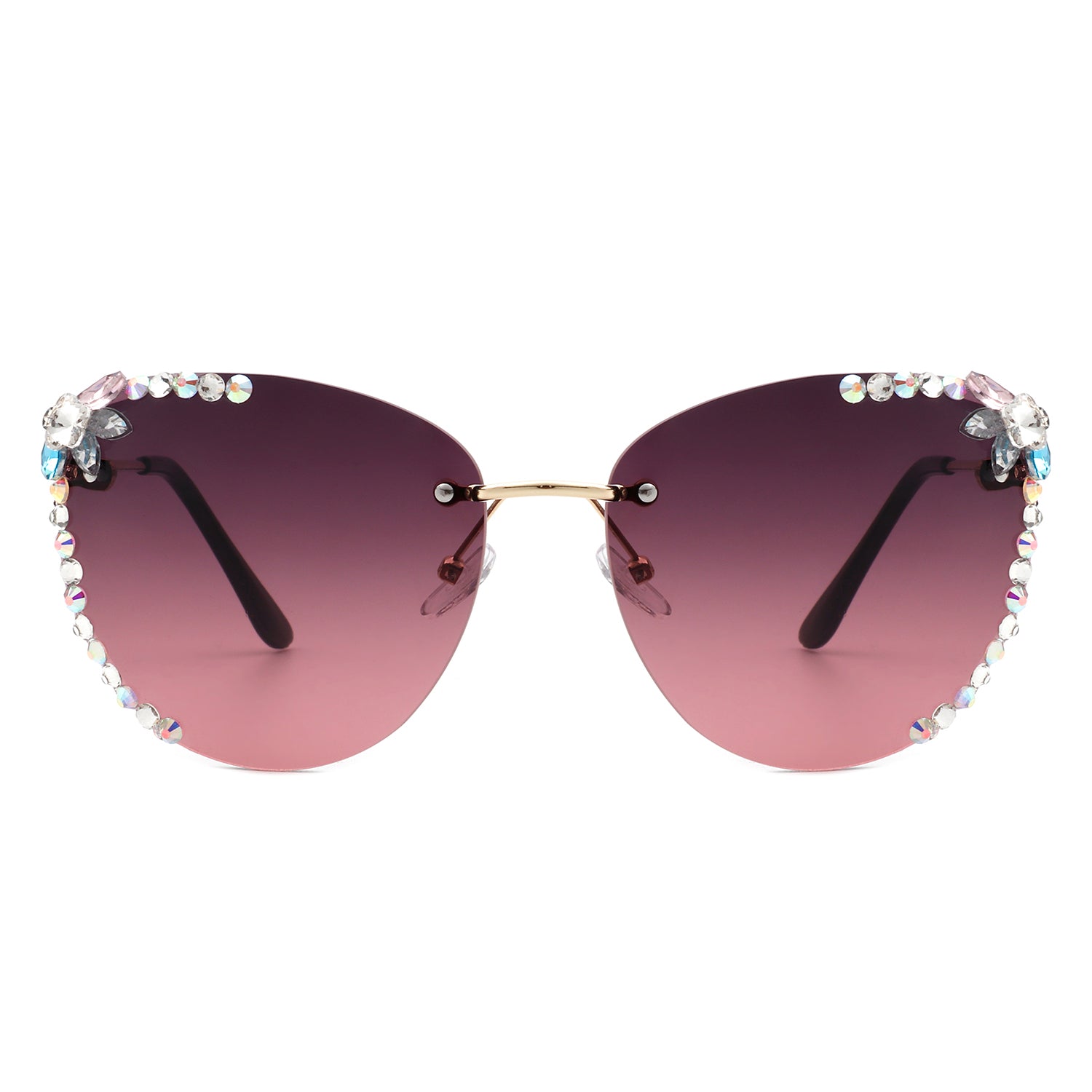 Nightbri Women Rimless Tinted Chic Rhinestone Fashion Cat Eye sunglasses with stylish cat-eye shape and rhinestone accents.