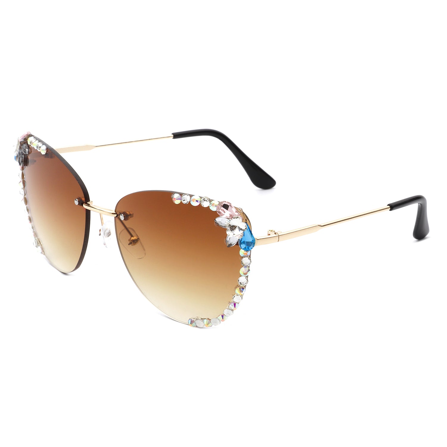 Nightbri Women Rimless Tinted Chic Rhinestone Fashion Cat Eye sunglasses with stylish cat-eye shape and rhinestone accents.