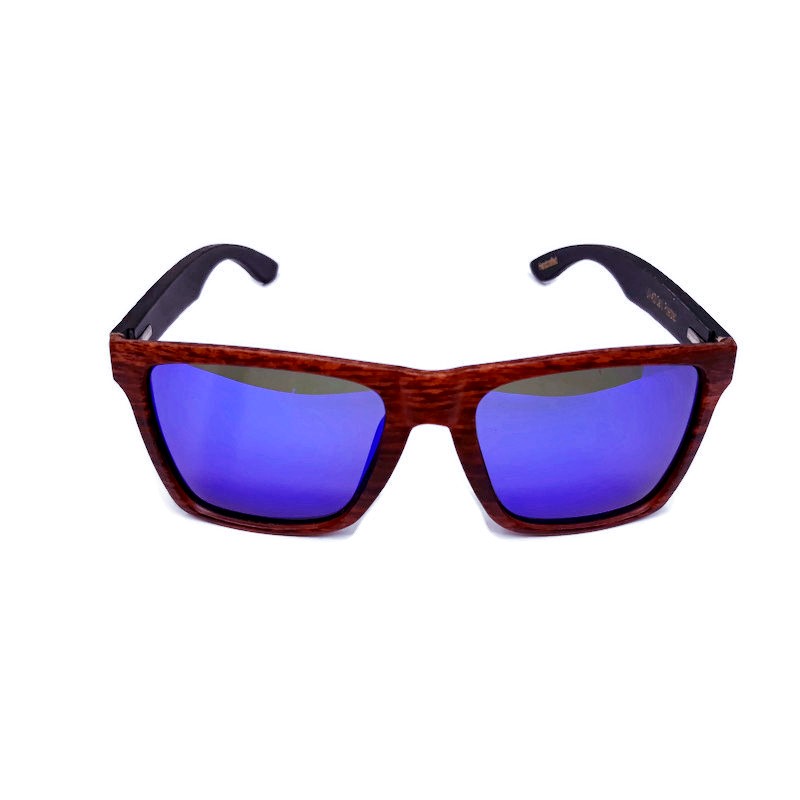 Stylish oak colored bamboo sunglasses with blue polarized lenses, displayed with a bamboo case and accessories.