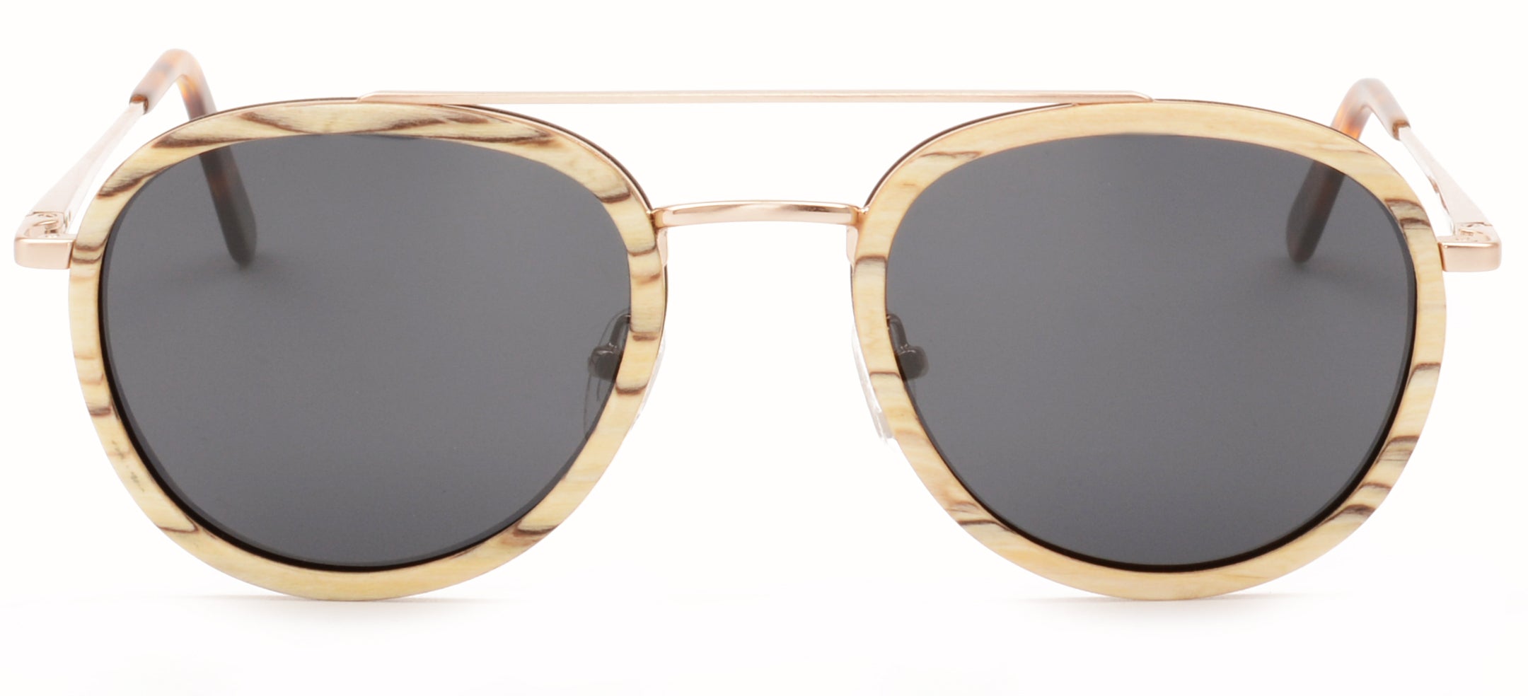 O'Hara Metal & Wood Sunglasses featuring a unique wood ring frame and stainless steel temples.