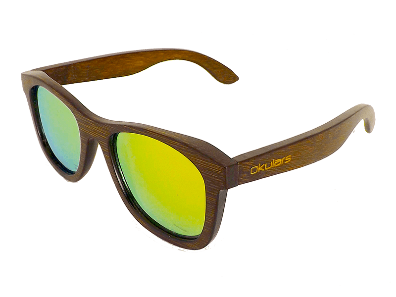 Okulars® Dark Bamboo sunglasses featuring a dark bamboo frame and golden polarized lenses, elegantly displayed in a natural setting.