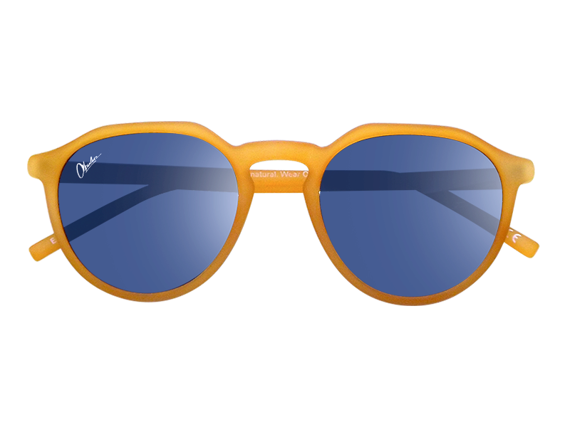 Okulars Eco Pacific Amber Blue sunglasses made from recycled materials, featuring a matte finish and UV400 lenses.