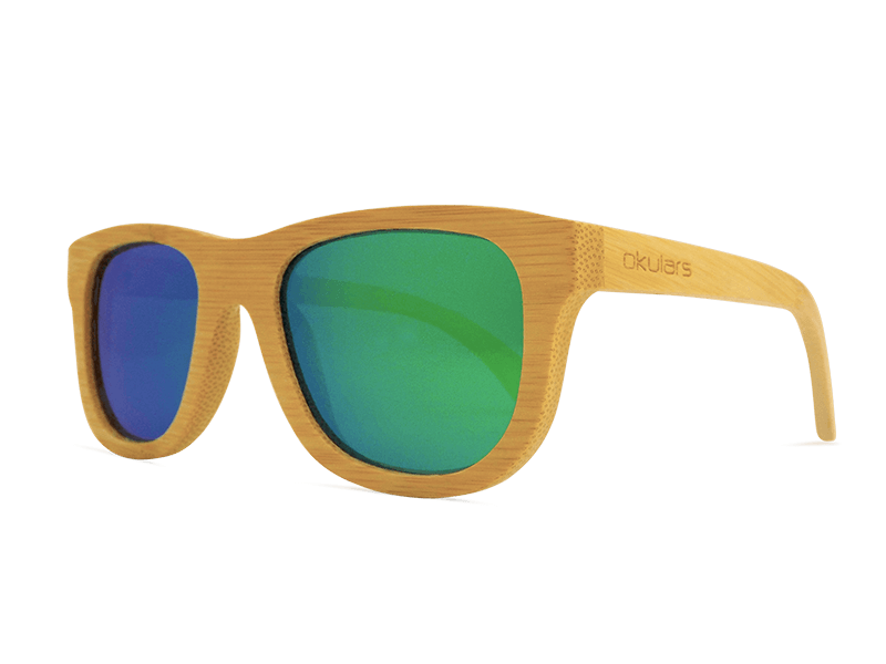 Okulars® Natural Bamboo sunglasses featuring a lightweight bamboo frame and polarized green lenses, elegantly displayed with a cork case.