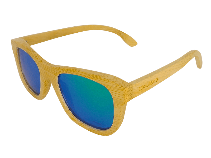 Okulars® Natural Bamboo sunglasses featuring a lightweight bamboo frame and polarized green lenses, elegantly displayed with a cork case.