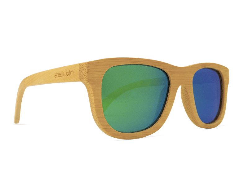 Okulars® Natural Bamboo sunglasses featuring a lightweight bamboo frame and polarized green lenses, elegantly displayed with a cork case.