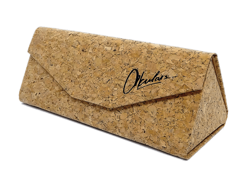 Okulars® Natural Bamboo sunglasses featuring a lightweight bamboo frame and polarized green lenses, elegantly displayed with a cork case.