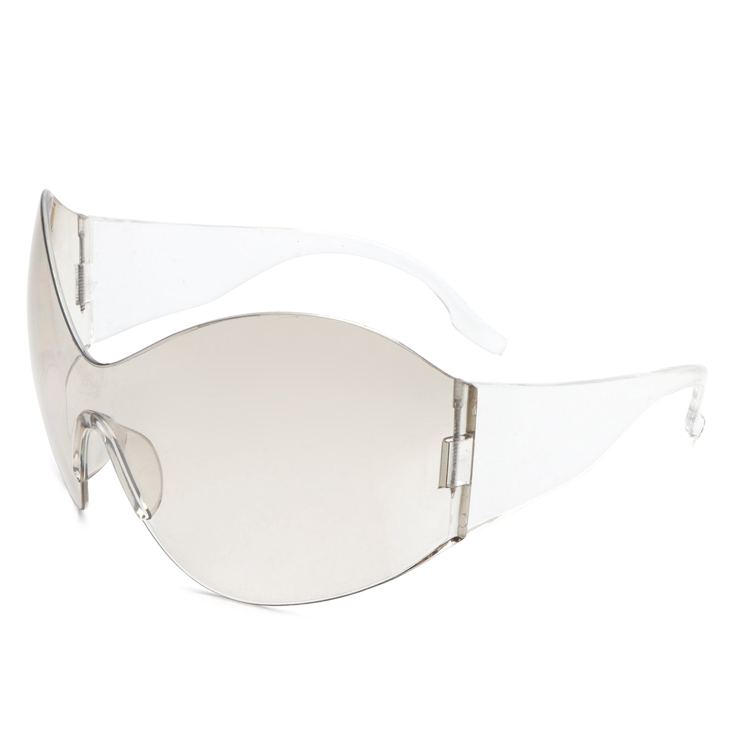 Oriel Rimless Oversized Wraparound Shield Women Sunglasses showcasing a stylish design with a lightweight plastic frame and large lenses.