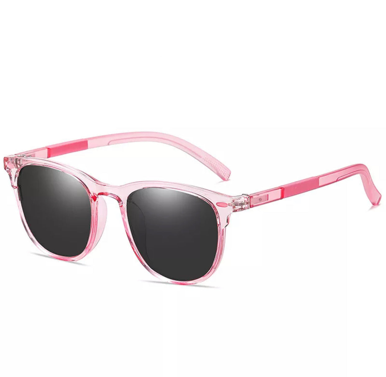 Colorful pink sunglasses with black lenses designed for kids aged 3-8, perfect for outdoor activities.