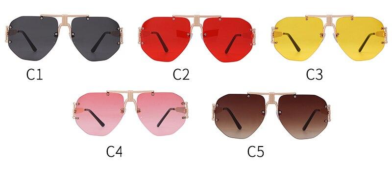 Retro rimless oversized sunglasses for men and women, featuring a vintage shield design with red mirrored lenses.