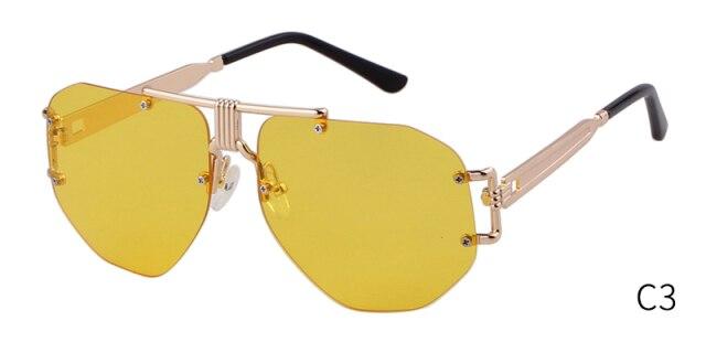 Retro rimless oversized sunglasses for men and women, featuring a vintage shield design with red mirrored lenses.