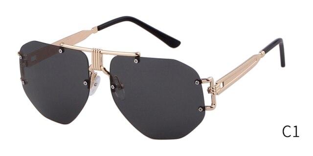 Retro rimless oversized sunglasses for men and women, featuring a vintage shield design with red mirrored lenses.