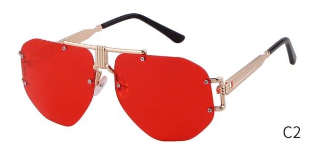 Retro rimless oversized sunglasses for men and women, featuring a vintage shield design with red mirrored lenses.