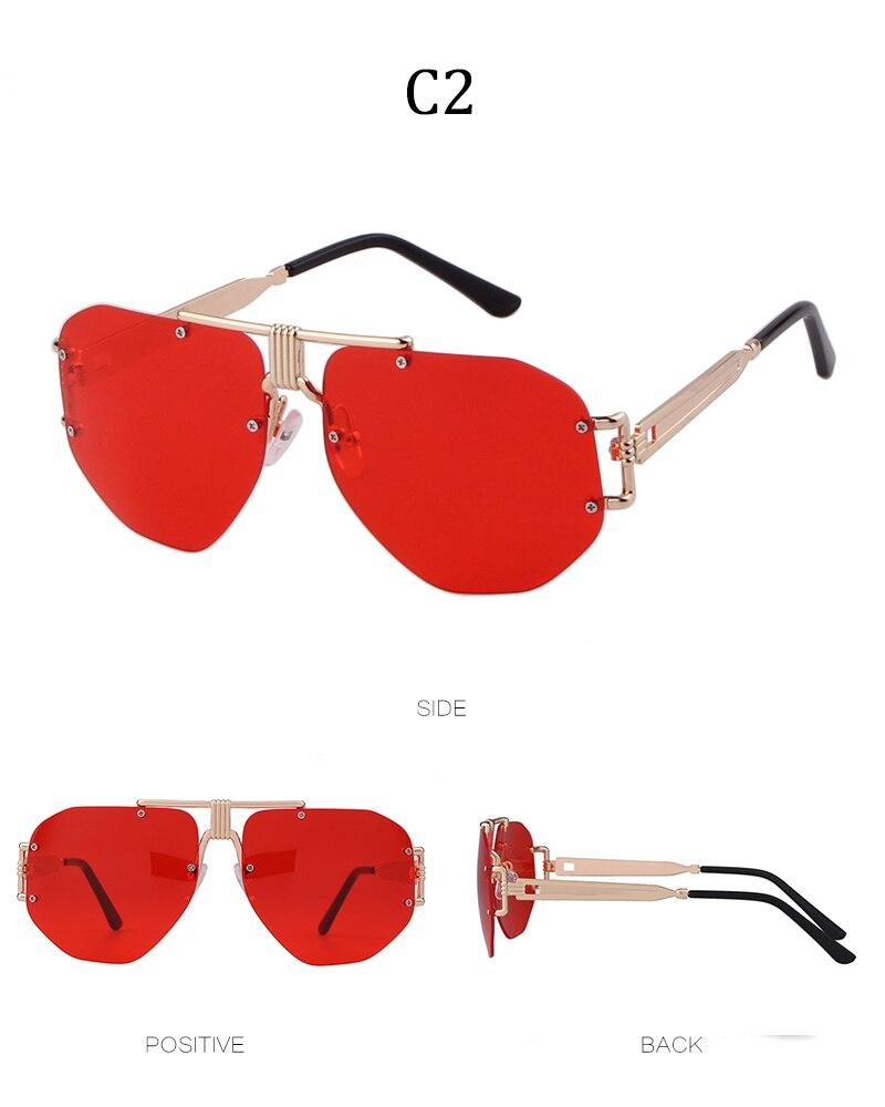 Retro rimless oversized sunglasses for men and women, featuring a vintage shield design with red mirrored lenses.