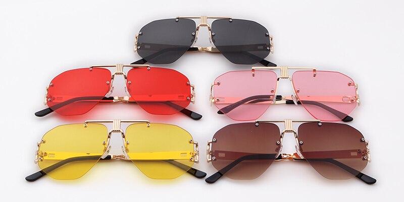 Retro rimless oversized sunglasses for men and women, featuring a vintage shield design with red mirrored lenses.