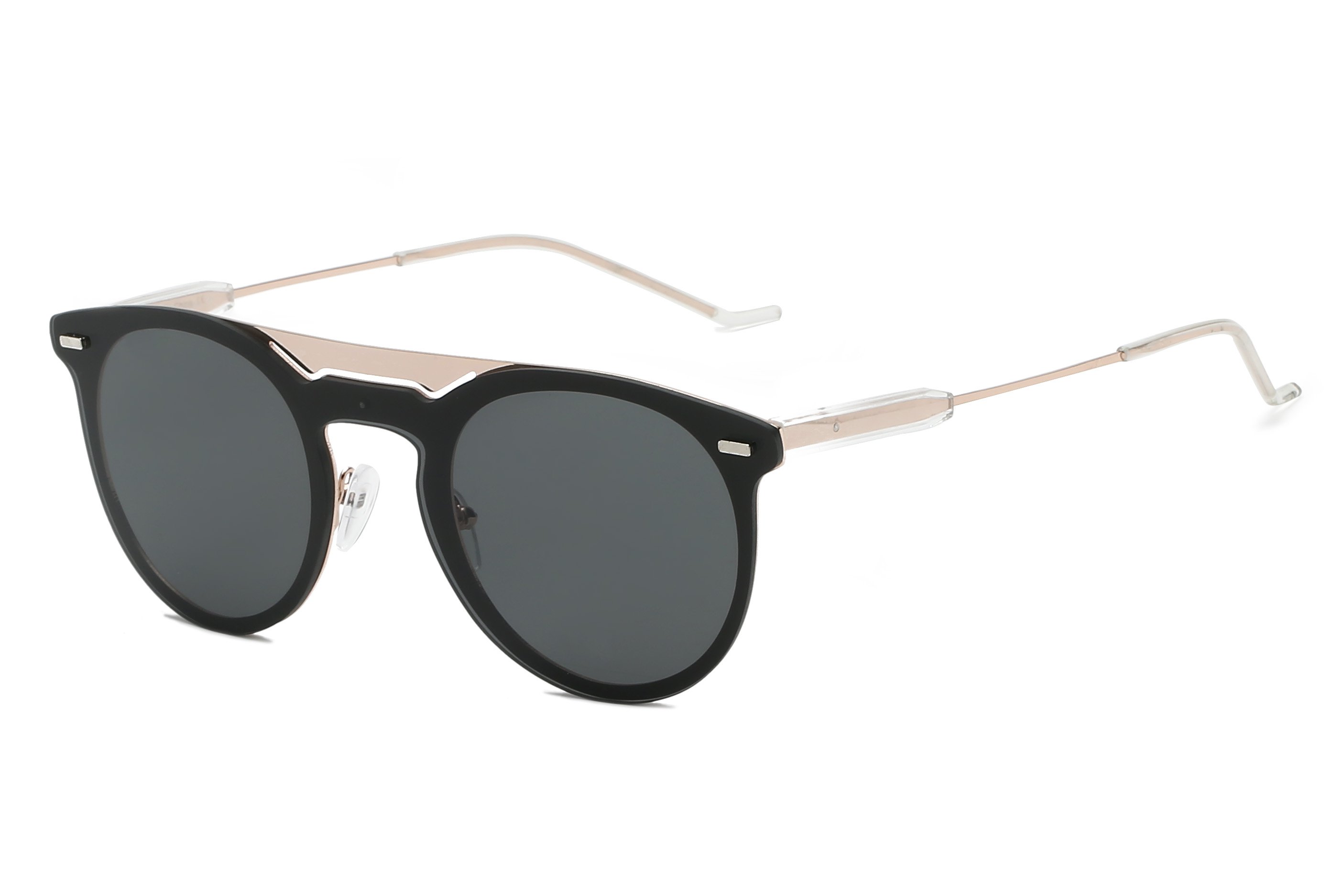 Black round sunglasses with gold trim.