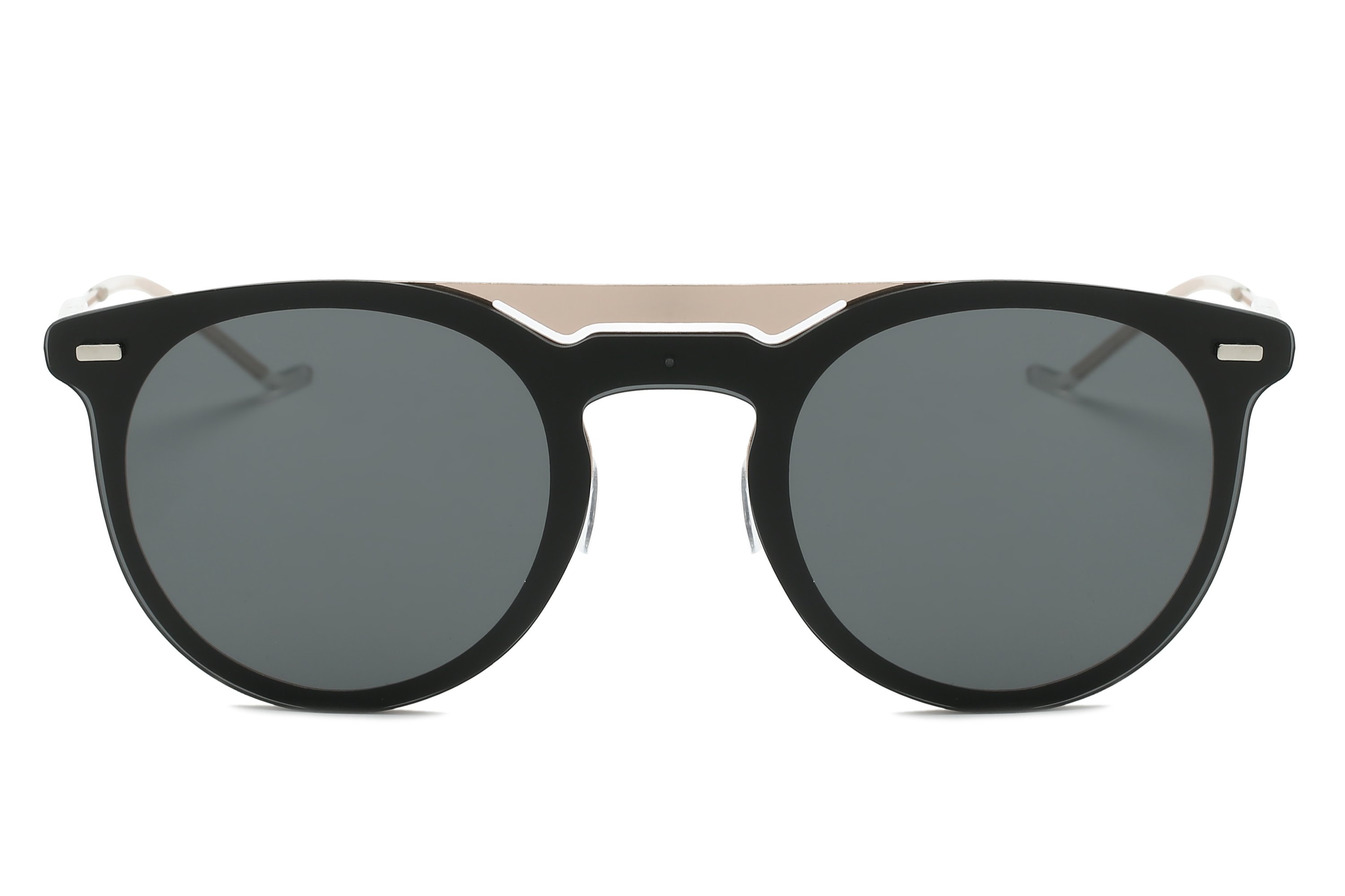 Black round sunglasses, front view.