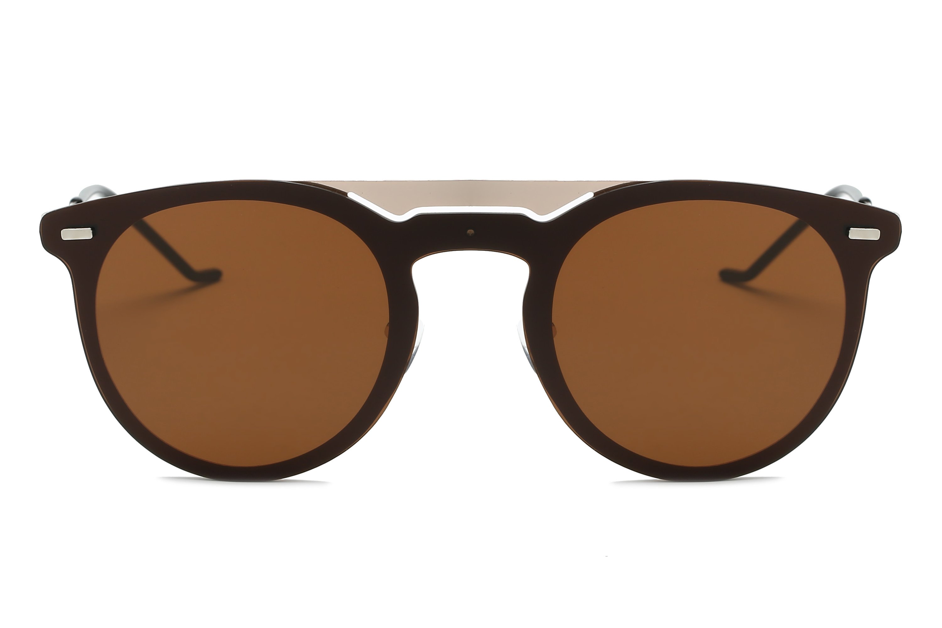 Brown round-lens sunglasses.