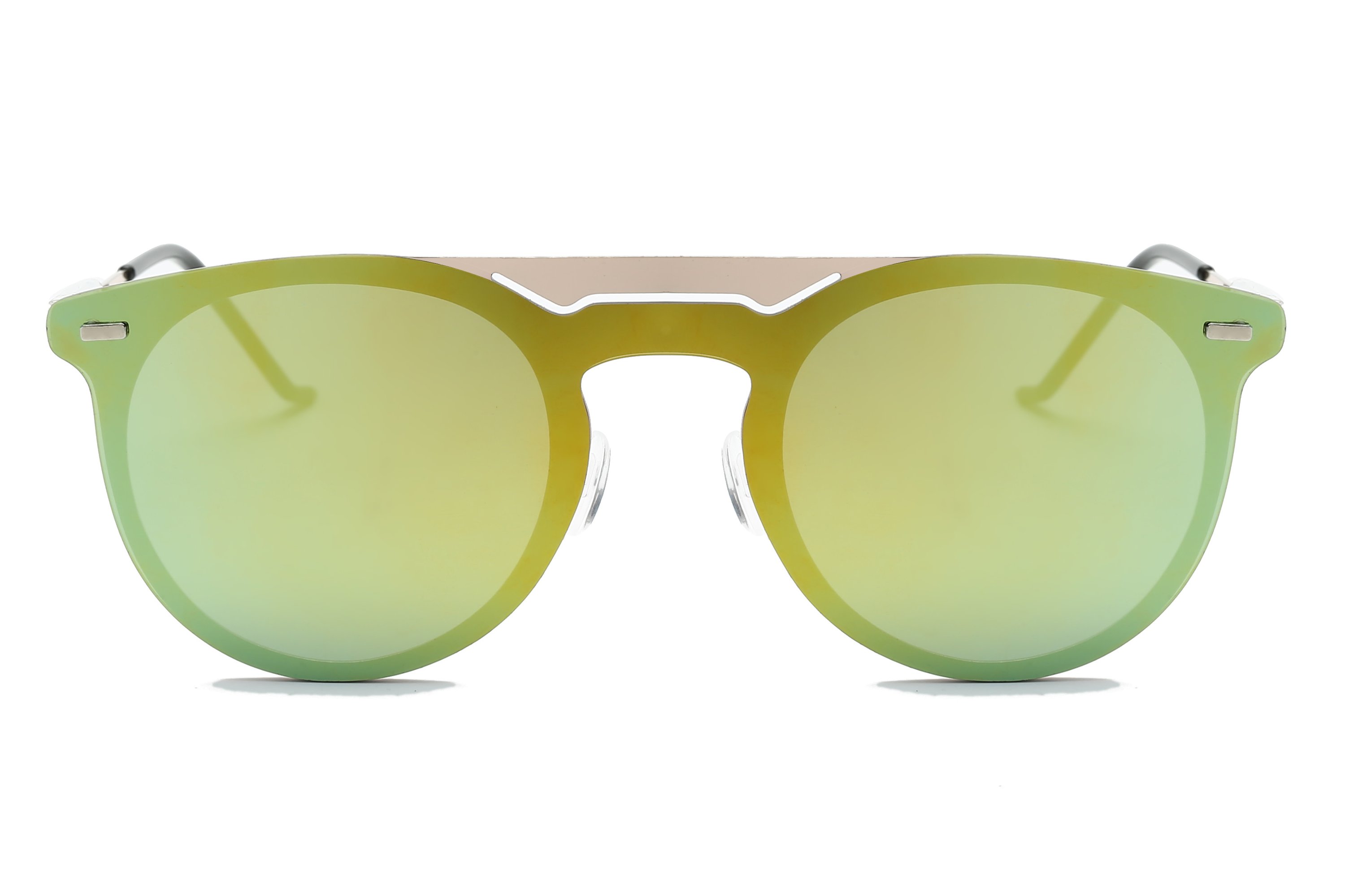 Green-tinted round sunglasses.