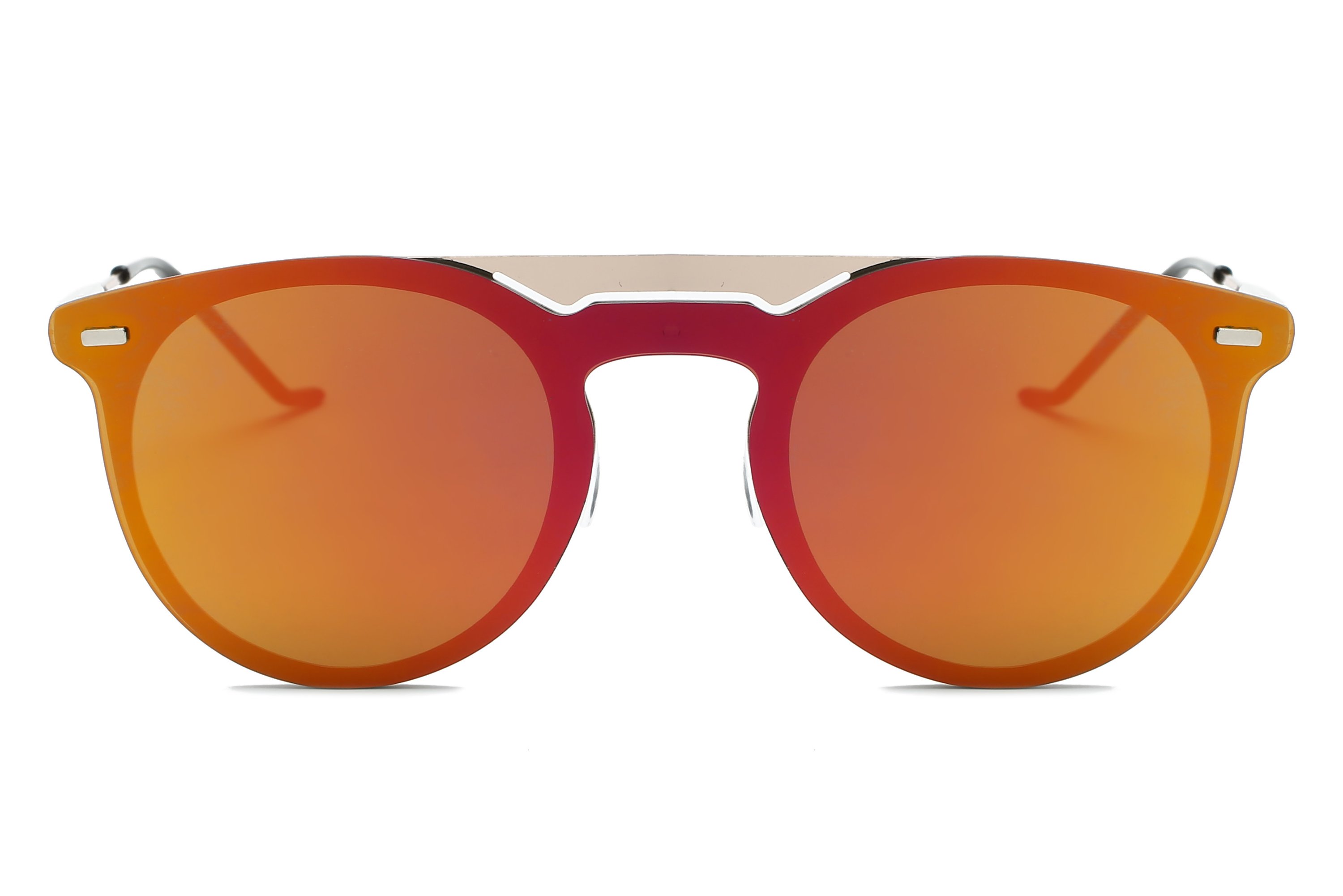 Red-orange mirrored aviator sunglasses.