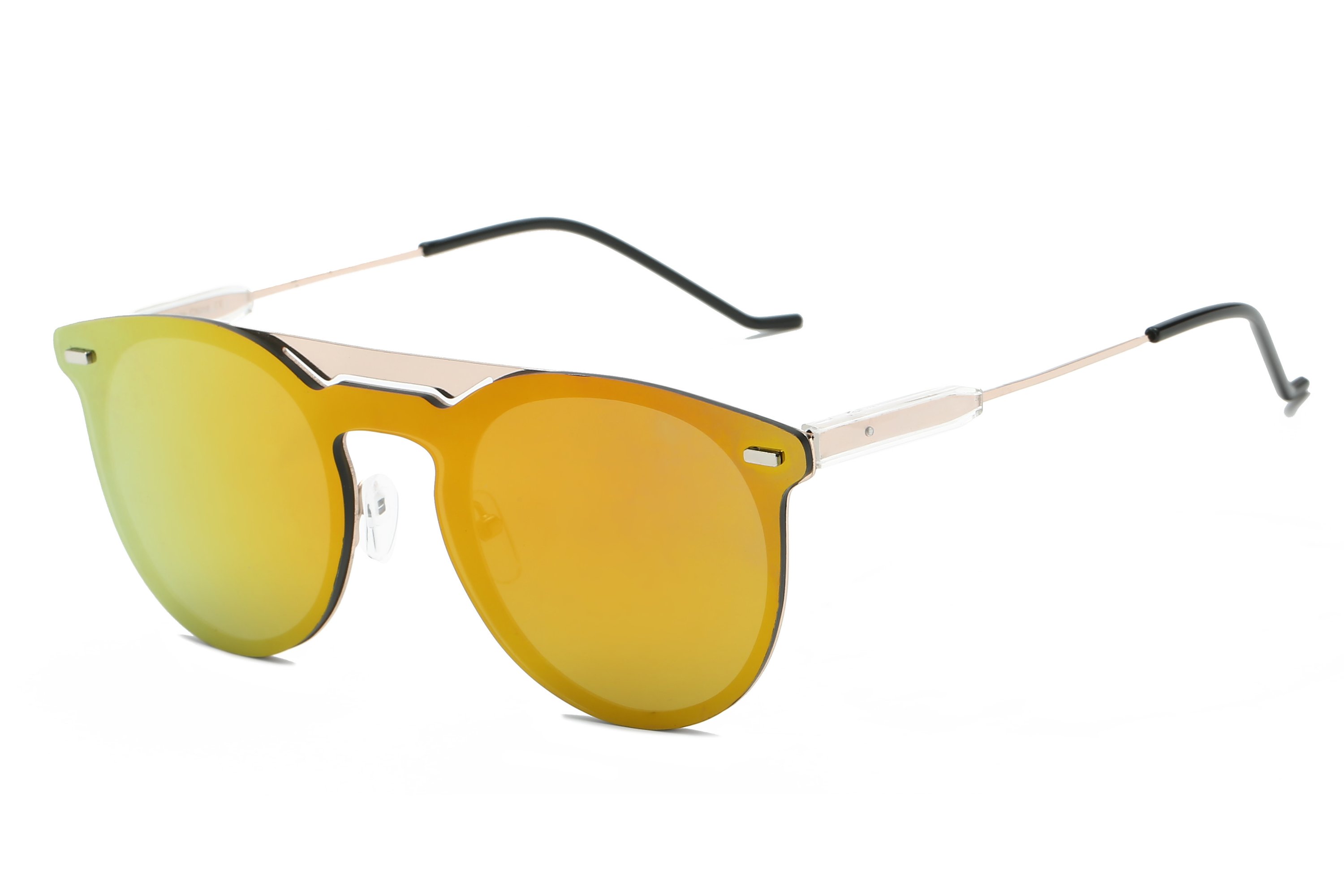 Yellow-lensed aviator style sunglasses.