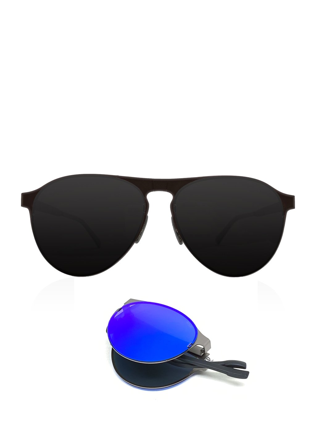 Scout foldable aviator sunglasses with interchangeable polarized lenses in various colors, displayed in a stylish case.