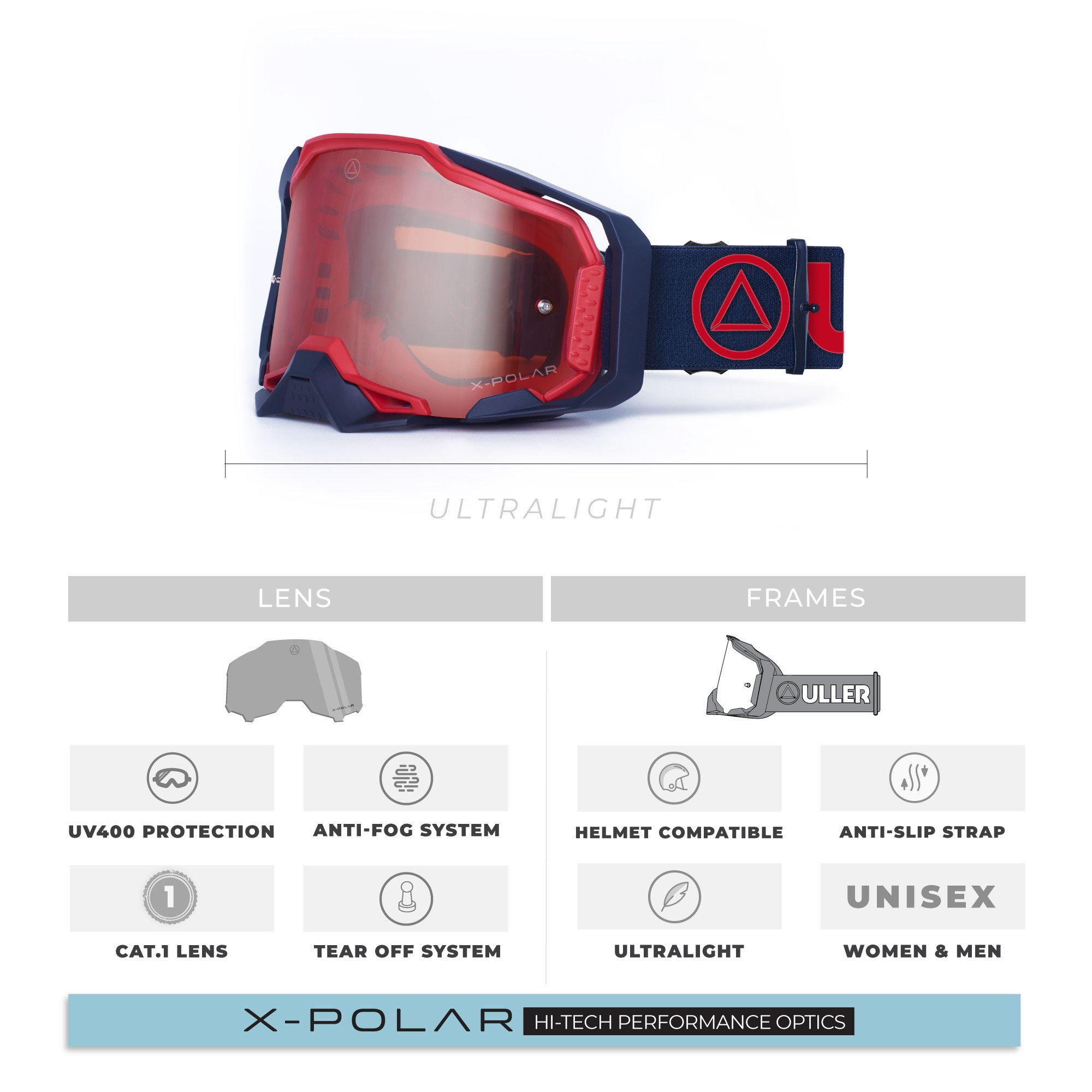 Stone Red and Blue Motocross and Enduro goggles designed for optimal eye protection and comfort during extreme sports.