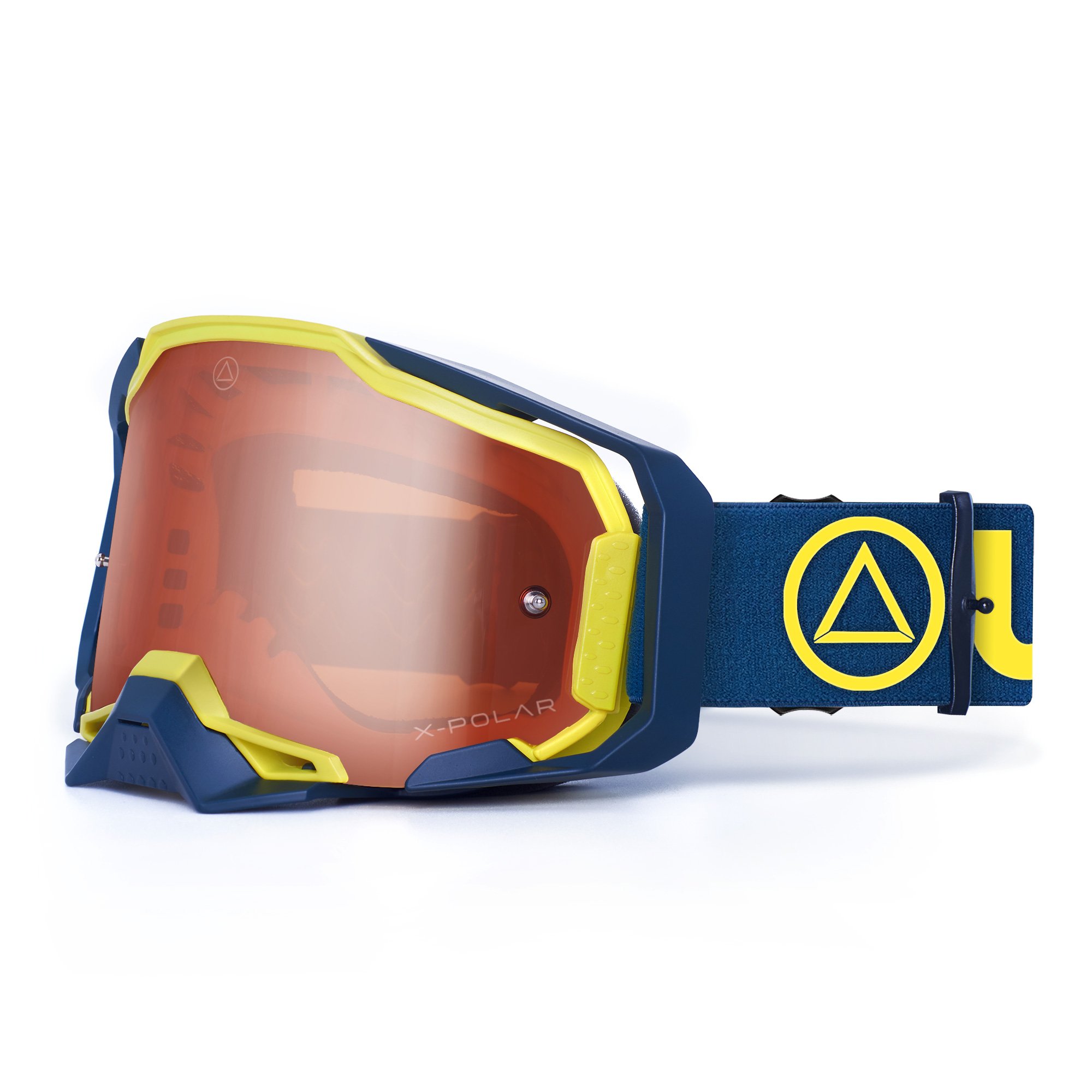 Stone Yellow and Blue Motocross and Enduro goggles designed for optimal eye protection and comfort during high-speed rides.