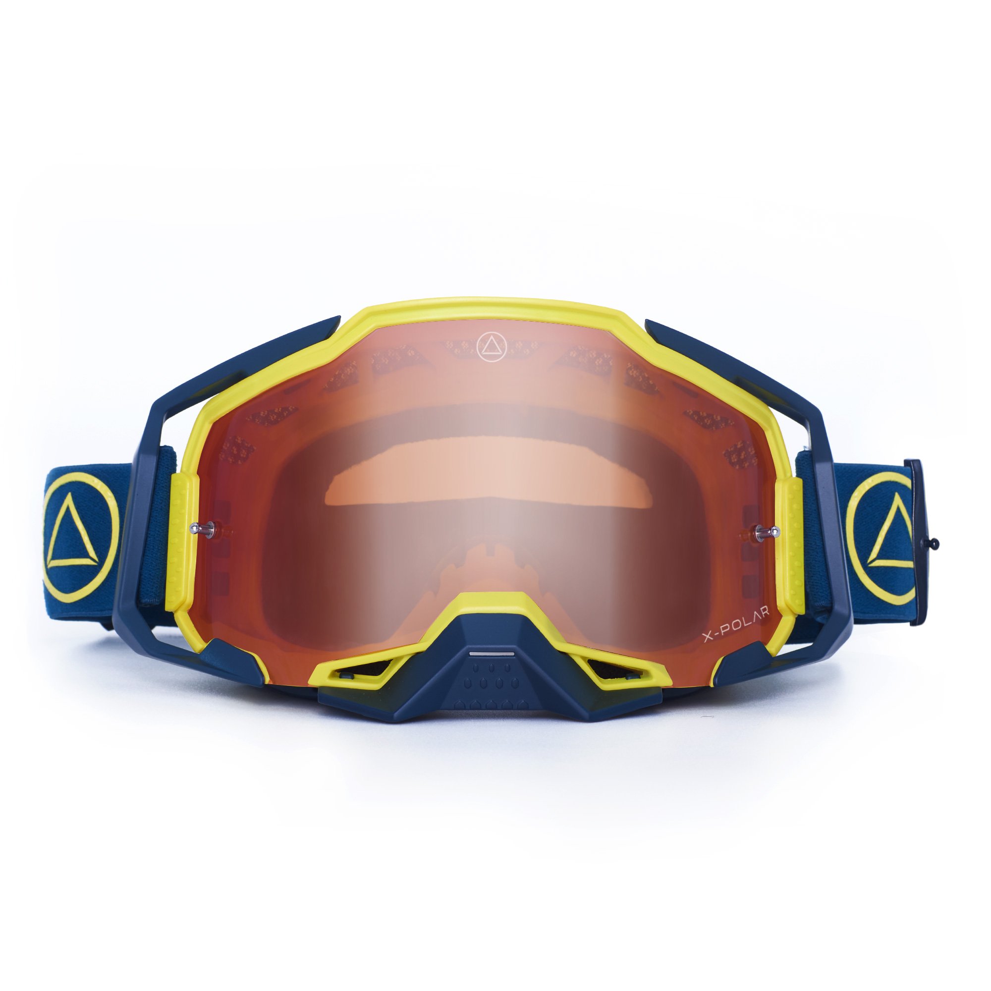 Stone Yellow and Blue Motocross and Enduro goggles designed for optimal eye protection and comfort during high-speed rides.