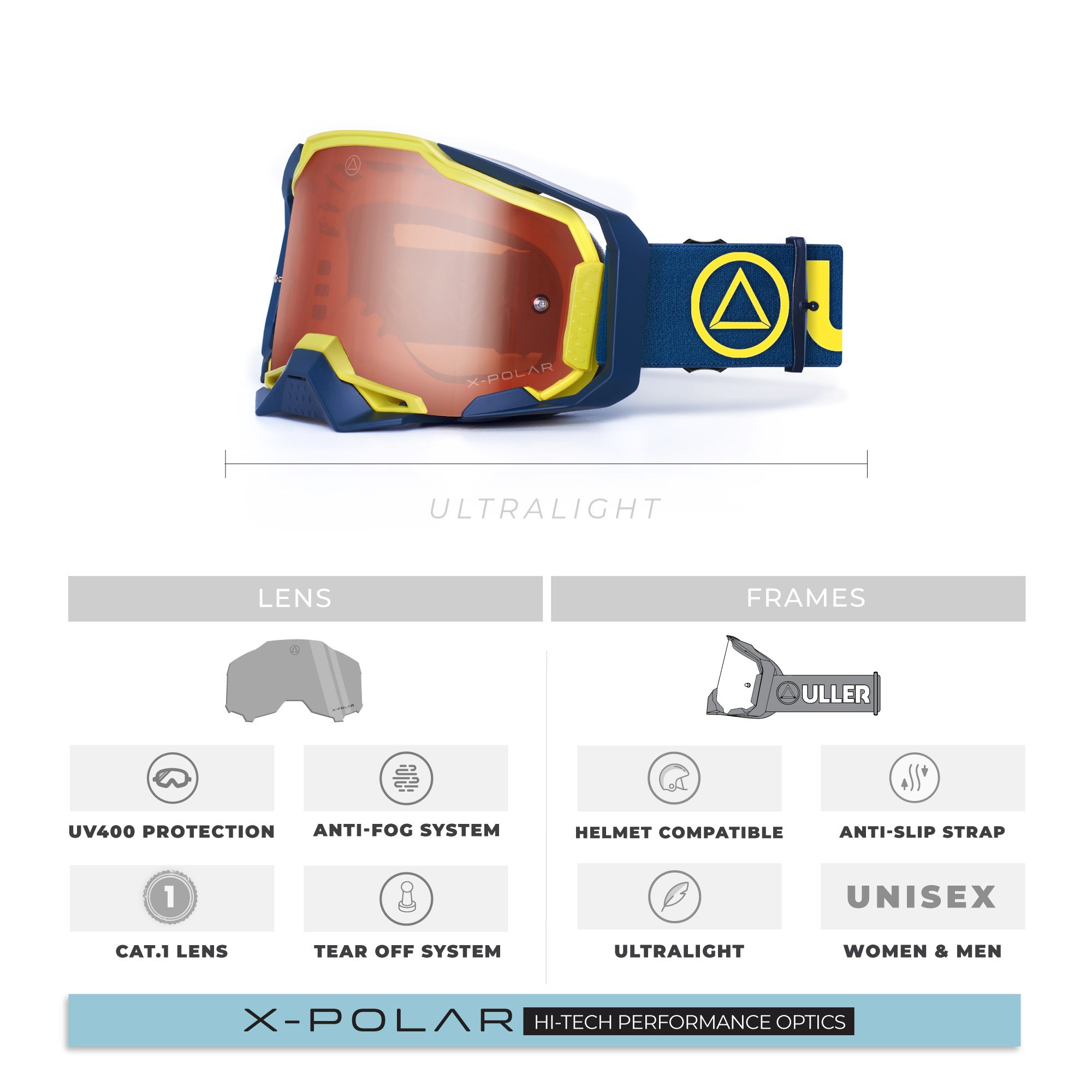 Stone Yellow and Blue Motocross and Enduro goggles designed for optimal eye protection and comfort during high-speed rides.