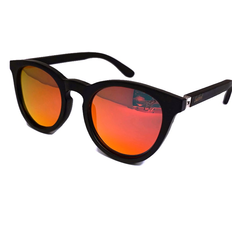 Stylish Sunset Mirror Lenses Polarized sunglasses with full black bamboo frame, showcasing a unique handcrafted design.