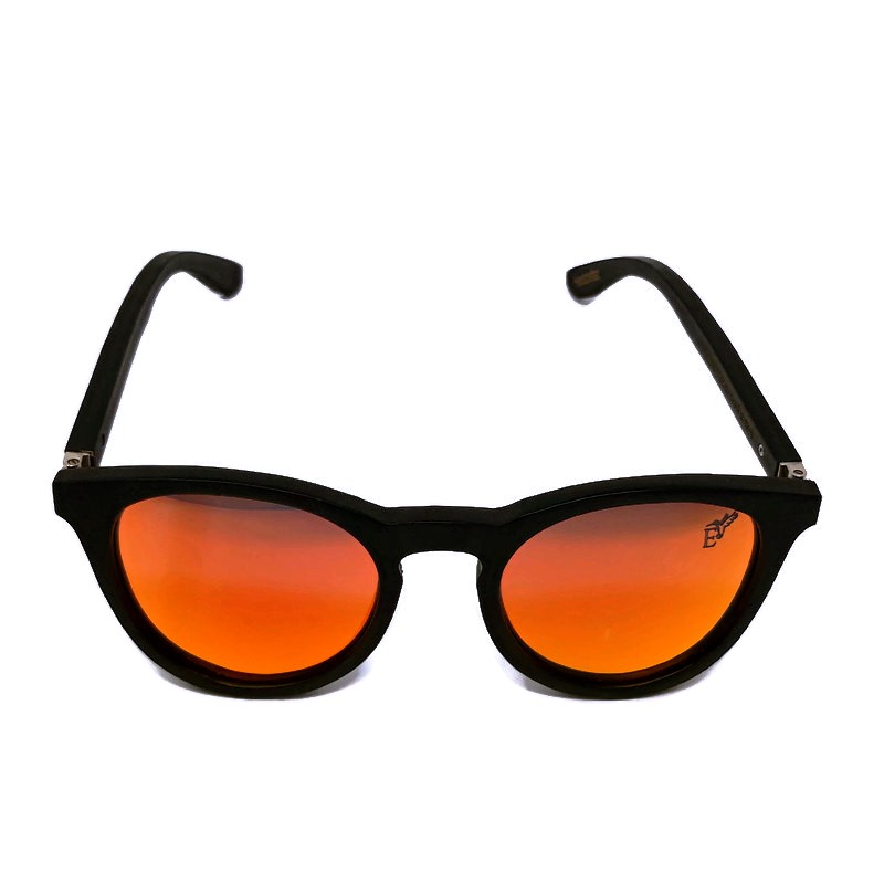 Stylish Sunset Mirror Lenses Polarized sunglasses with full black bamboo frame, showcasing a unique handcrafted design.