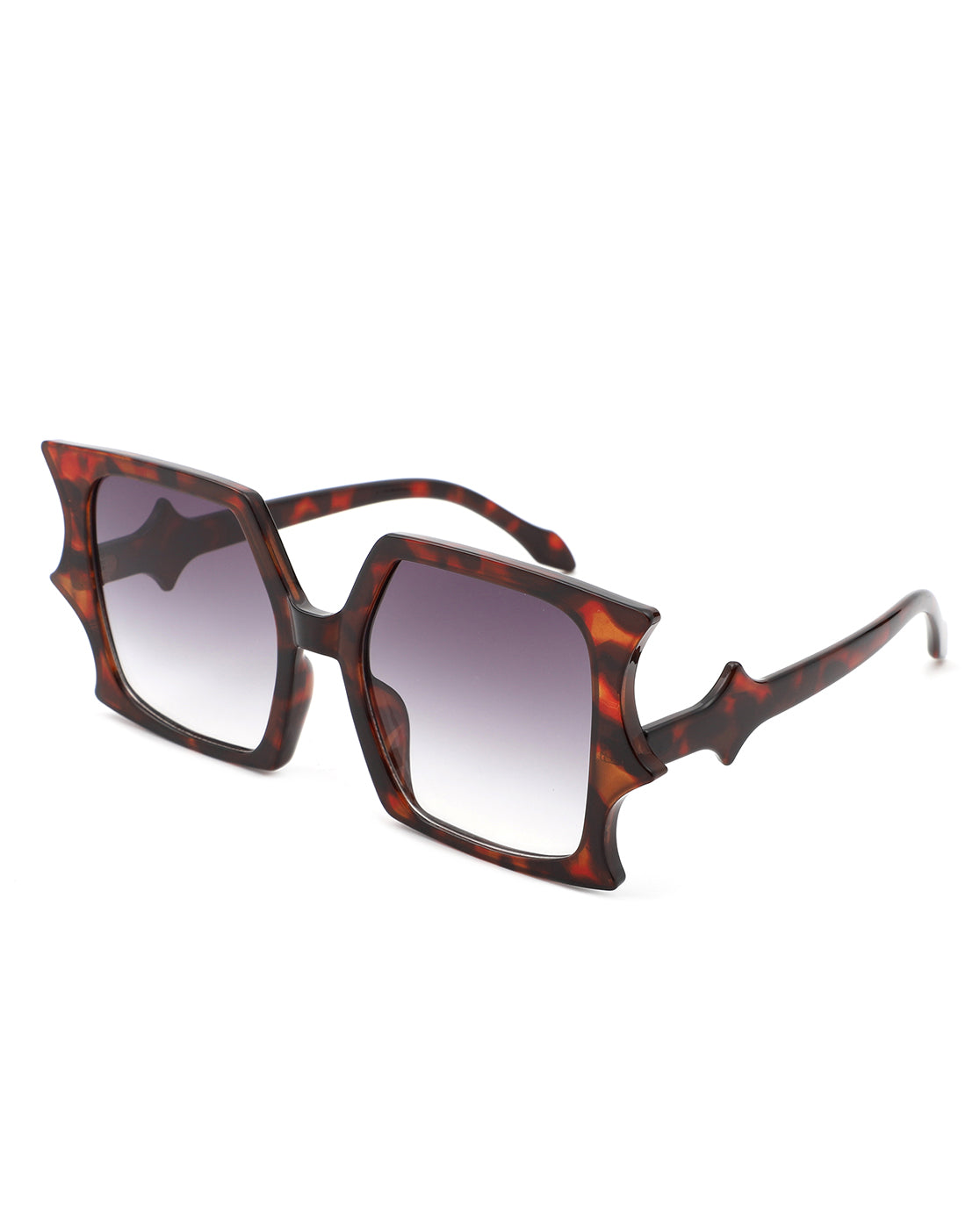 Cramilo Flat Top Bat Wing Irregular Sunglasses featuring a unique bat wing design with a flat top browline, lightweight plastic frames, and polycarbonate lenses.