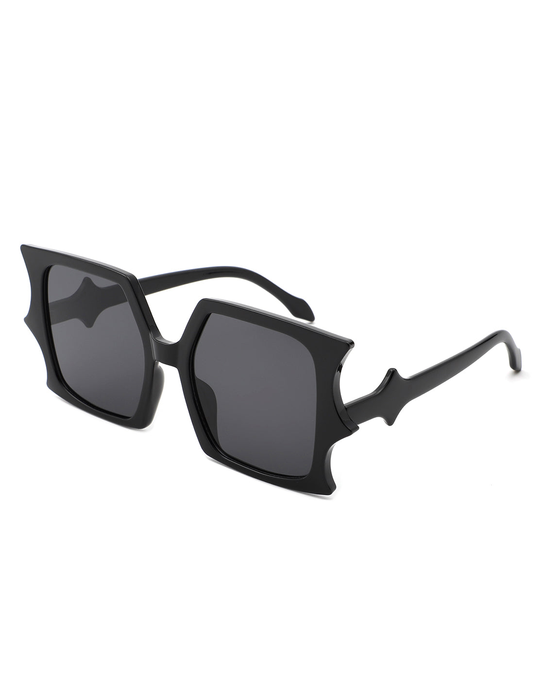 Cramilo Flat Top Bat Wing Irregular Sunglasses featuring a unique bat wing design with a flat top browline, lightweight plastic frames, and polycarbonate lenses.