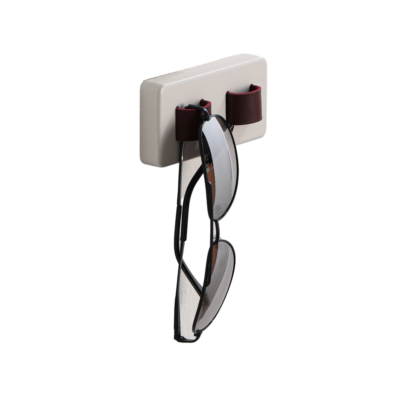 Wood eye glasses holder mounted on a wall, featuring leather straps for sunglasses and a bamboo base, showcasing an organized eyewear collection.