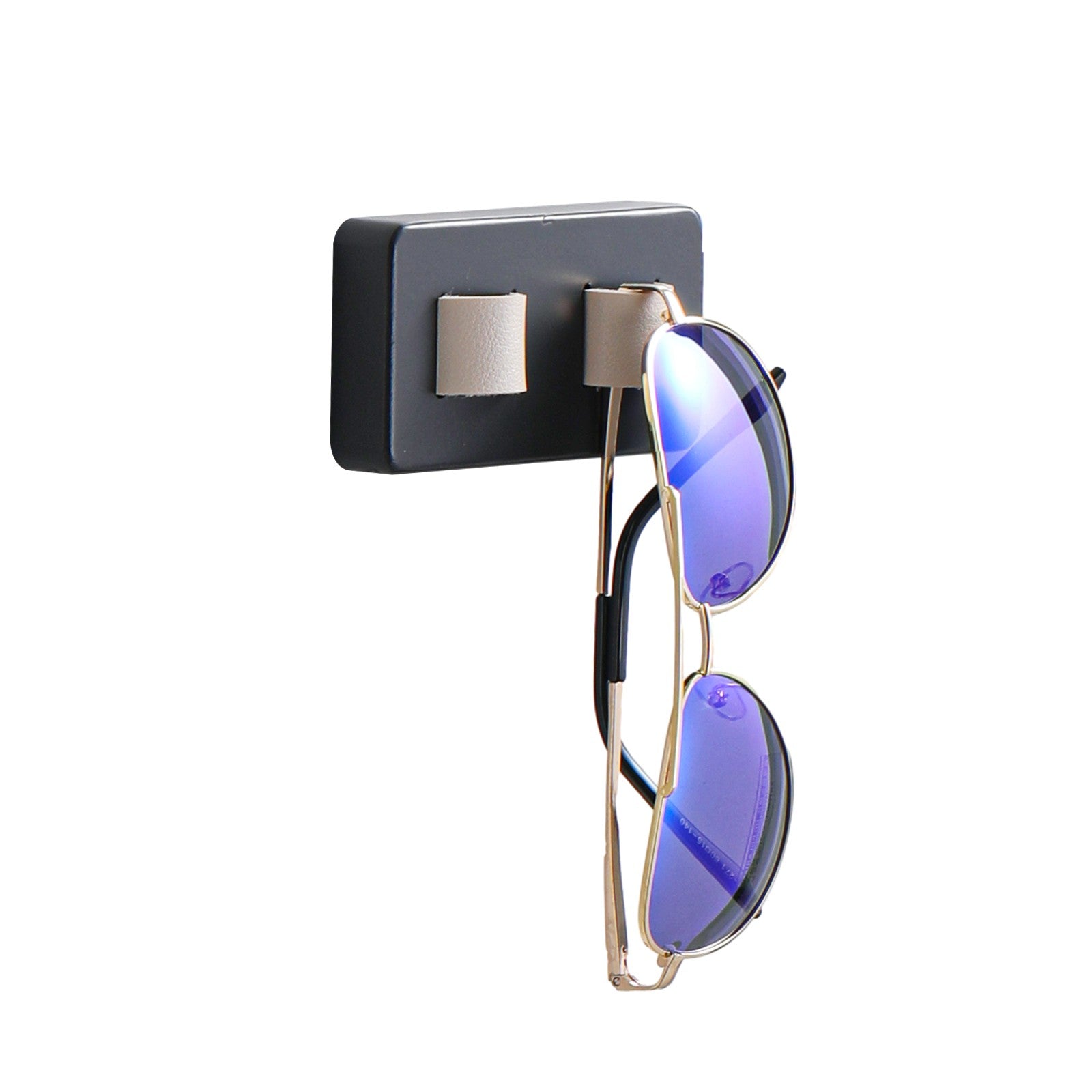 Wood eye glasses holder mounted on a wall, featuring leather straps for sunglasses and a bamboo base, showcasing an organized eyewear collection.