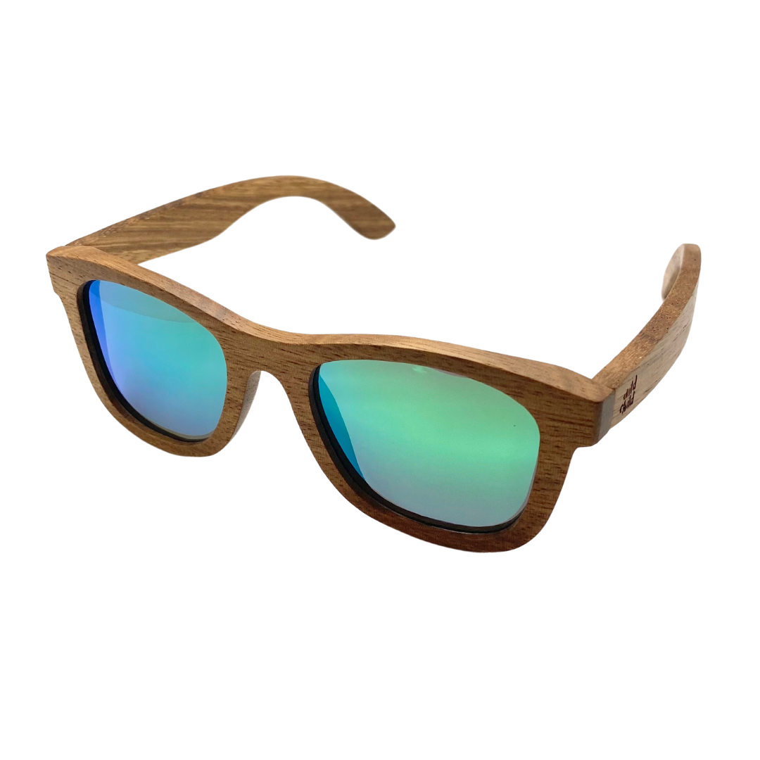 Stylish zebra wood sunglasses with green mirrored lenses, designed for kids aged 3-8, floating on water.