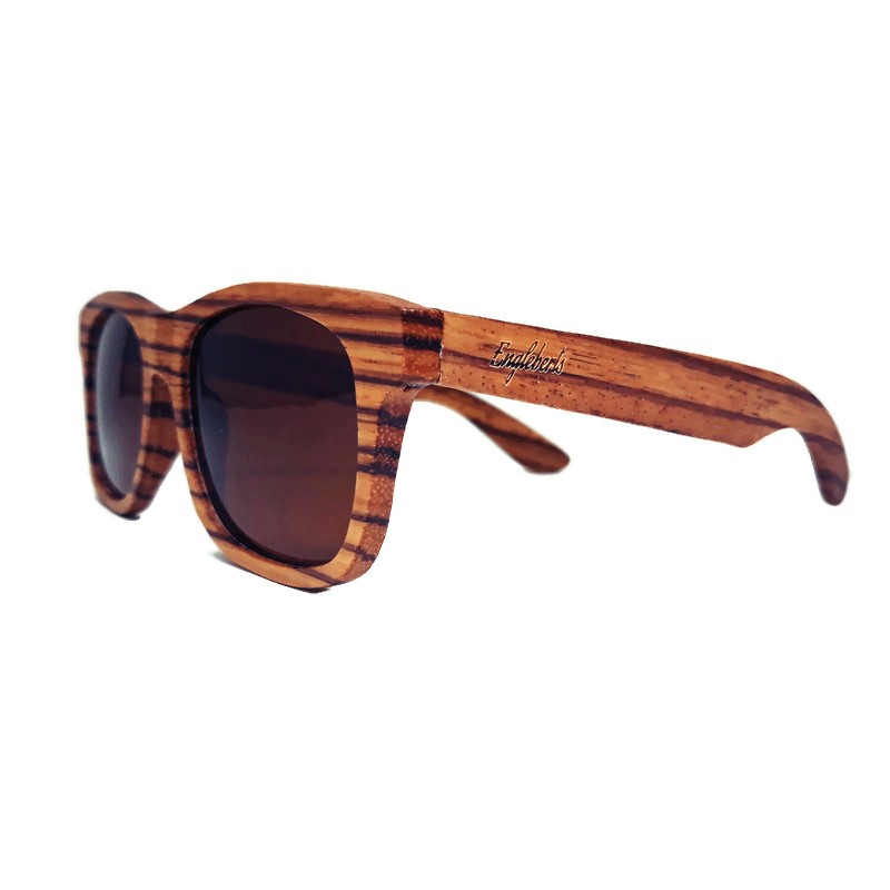 Engleberts Zebrawood Full Frame Polarized Sunglasses displayed with a bamboo case, showcasing their unique wood grain and stylish design.