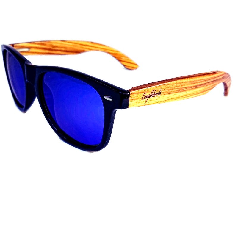 A pair of handcrafted zebrawood sunglasses featuring blue polarized lenses, displayed with a wooden case and accessories.