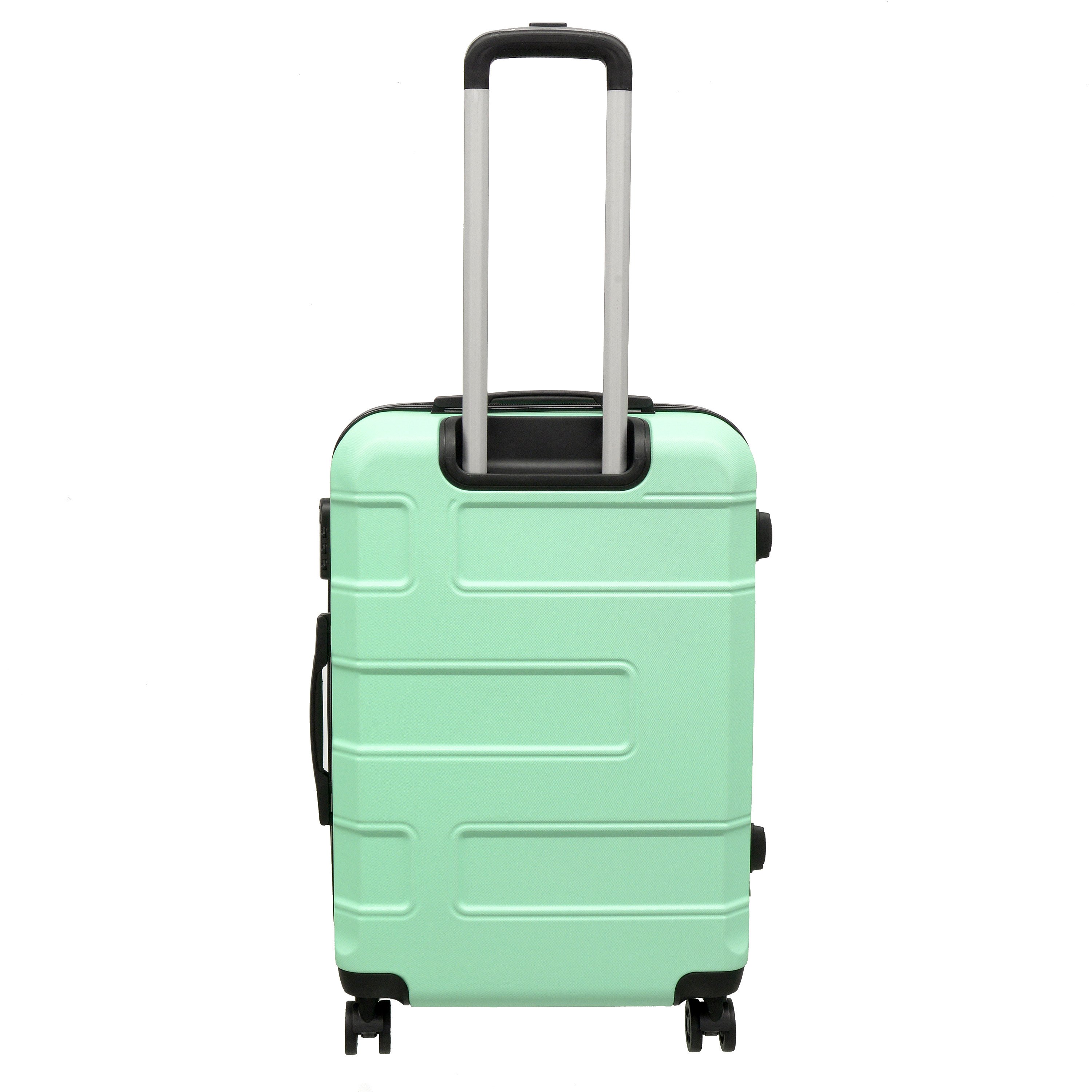 3 piece luggage set in various colors including purple, pink, charcoal, and blue, showcasing spinner wheels and telescopic handle.