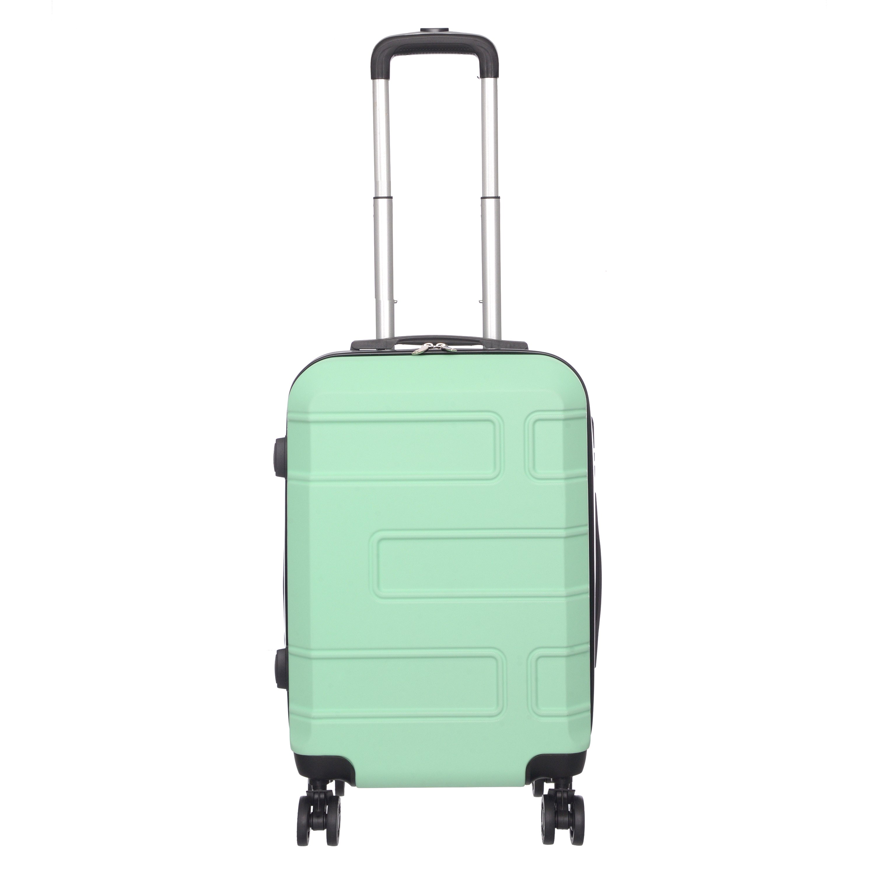 3 piece luggage set in various colors including purple, pink, charcoal, and blue, showcasing spinner wheels and telescopic handle.