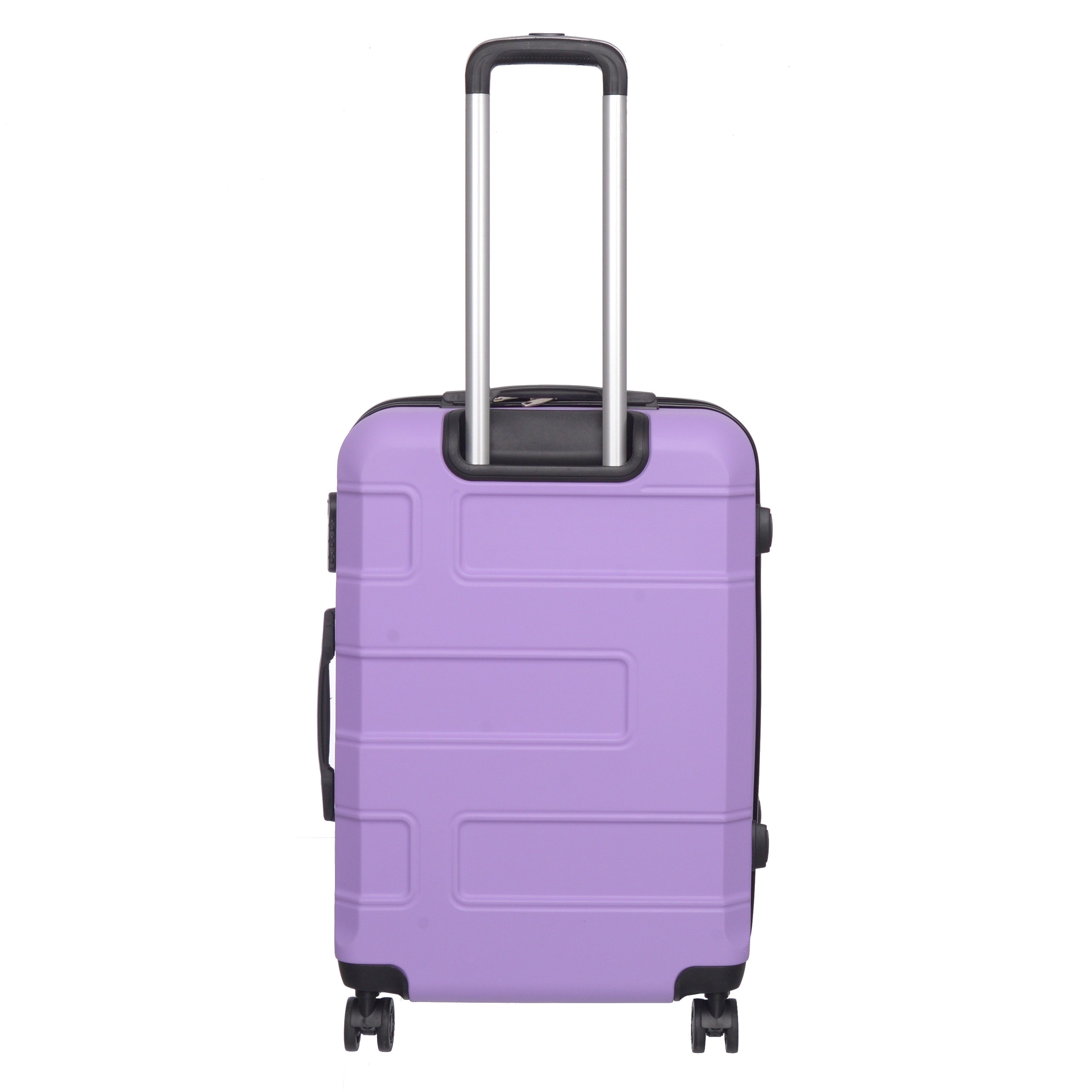 3 piece luggage set in various colors including purple, pink, charcoal, and blue, showcasing spinner wheels and telescopic handle.