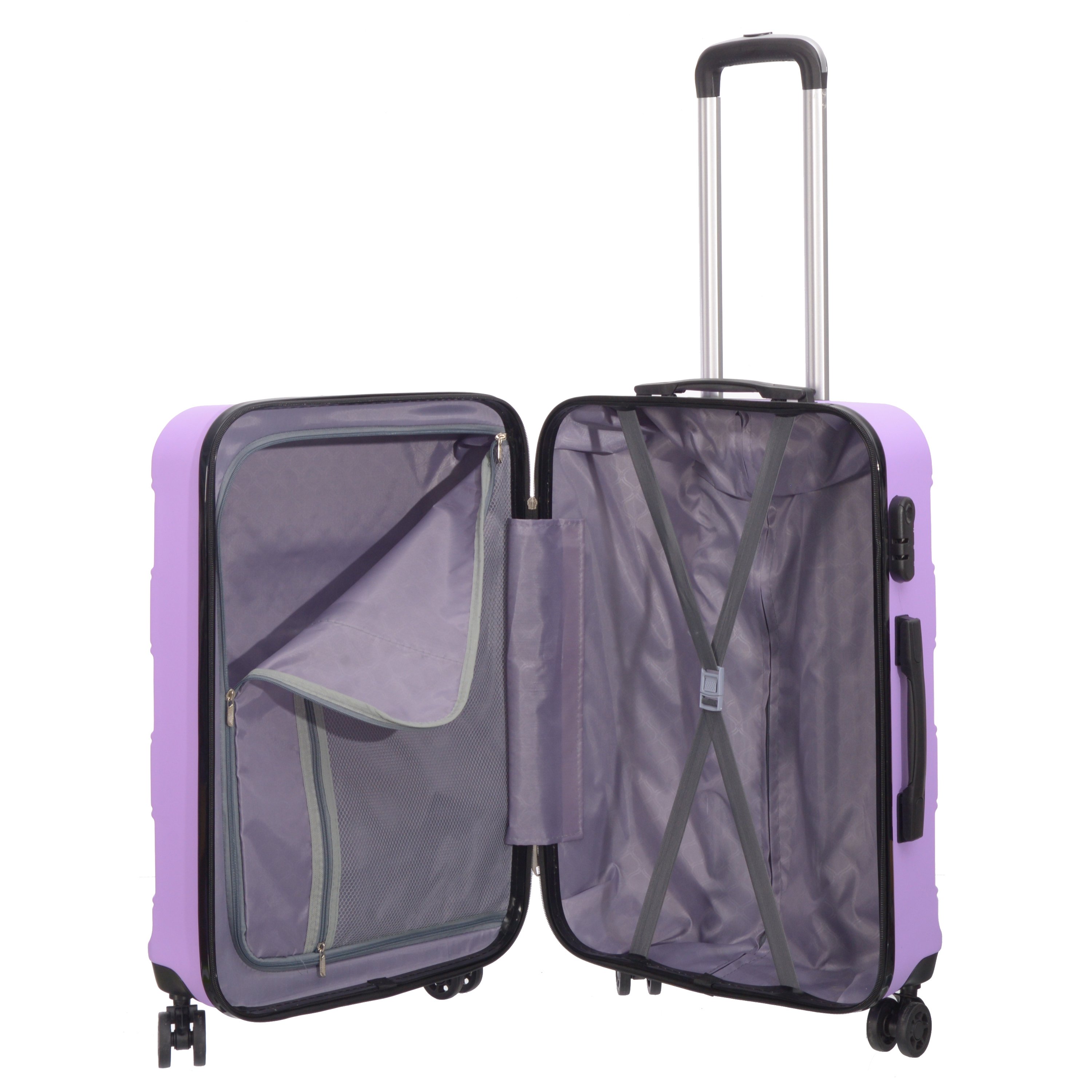 3 piece luggage set in various colors including purple, pink, charcoal, and blue, showcasing spinner wheels and telescopic handle.