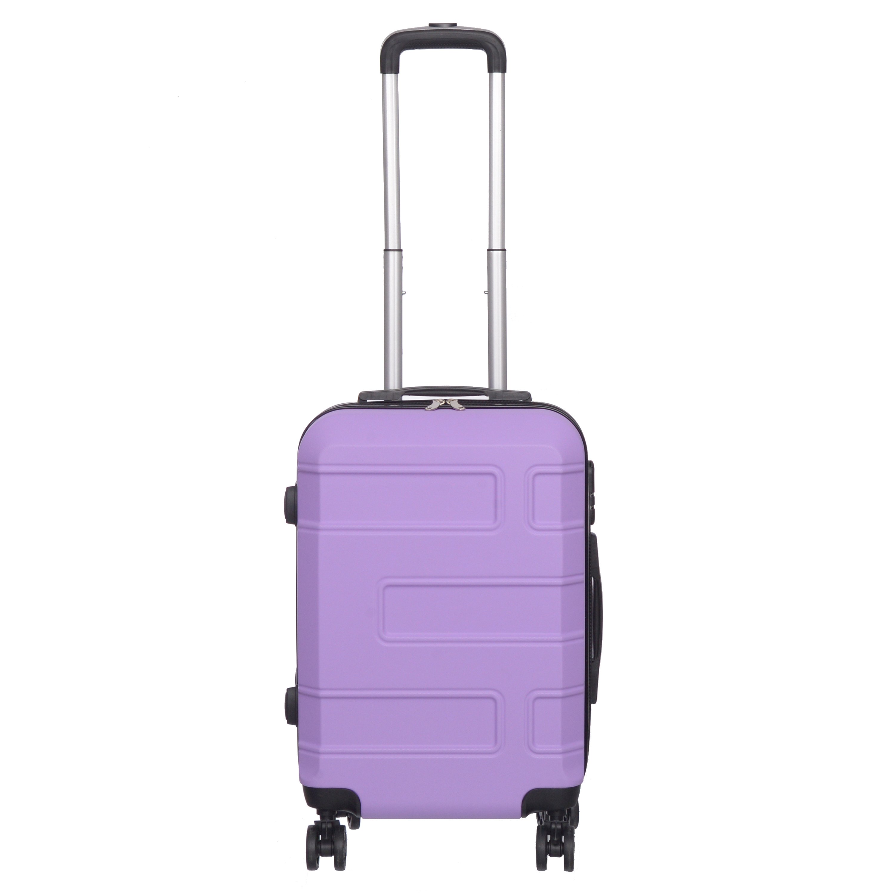 3 piece luggage set in various colors including purple, pink, charcoal, and blue, showcasing spinner wheels and telescopic handle.