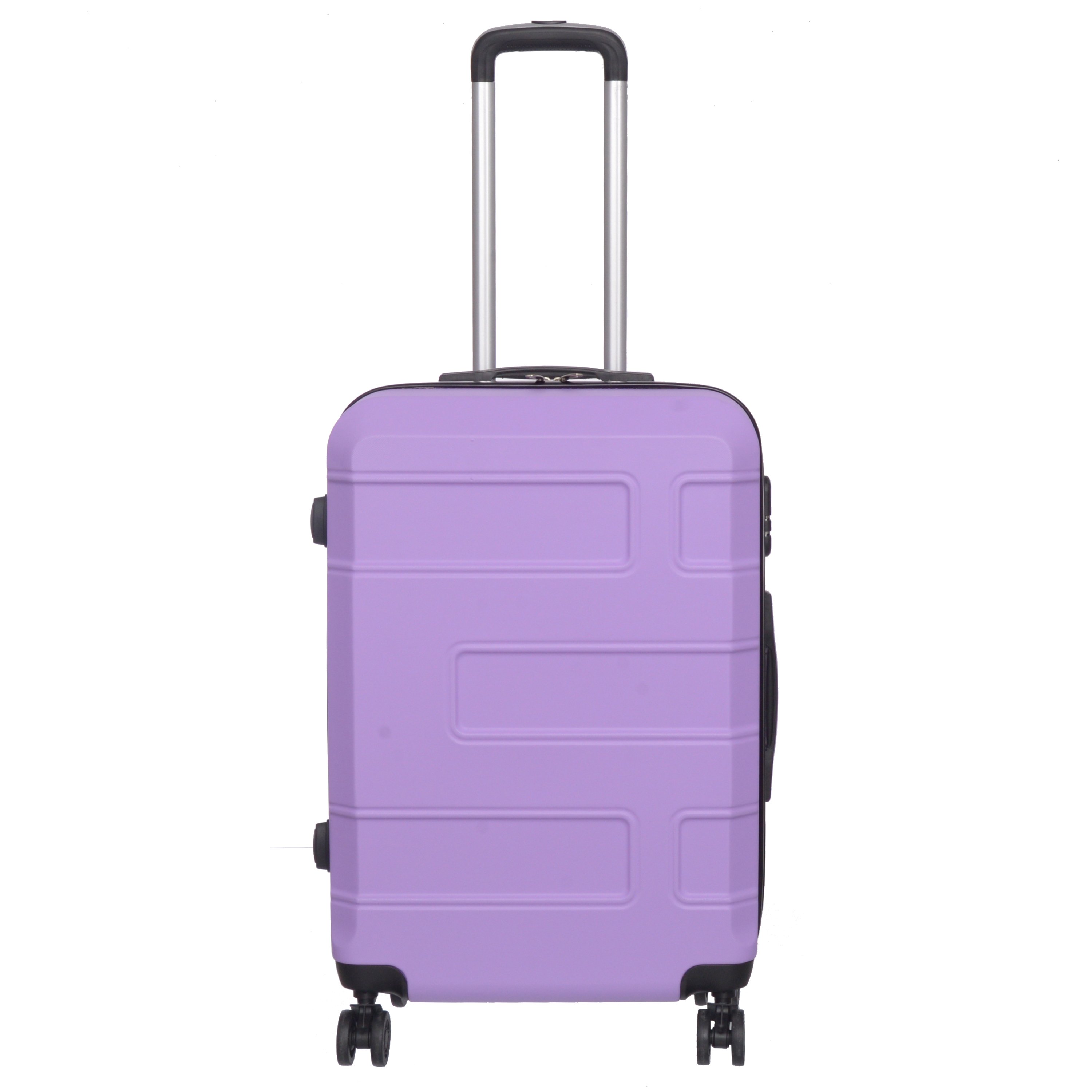 3 piece luggage set in various colors including purple, pink, charcoal, and blue, showcasing spinner wheels and telescopic handle.