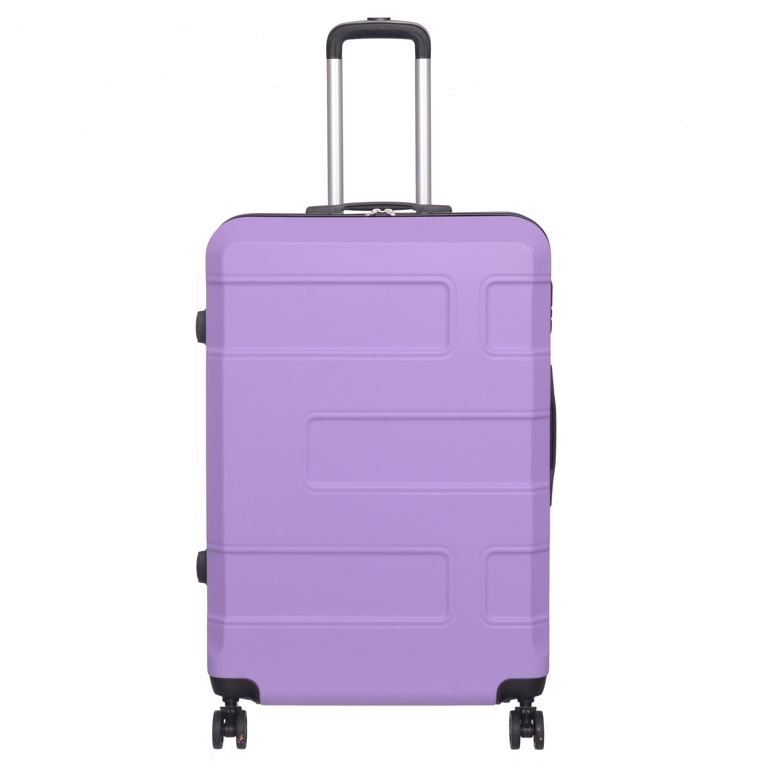 3 piece luggage set in various colors including purple, pink, charcoal, and blue, showcasing spinner wheels and telescopic handle.