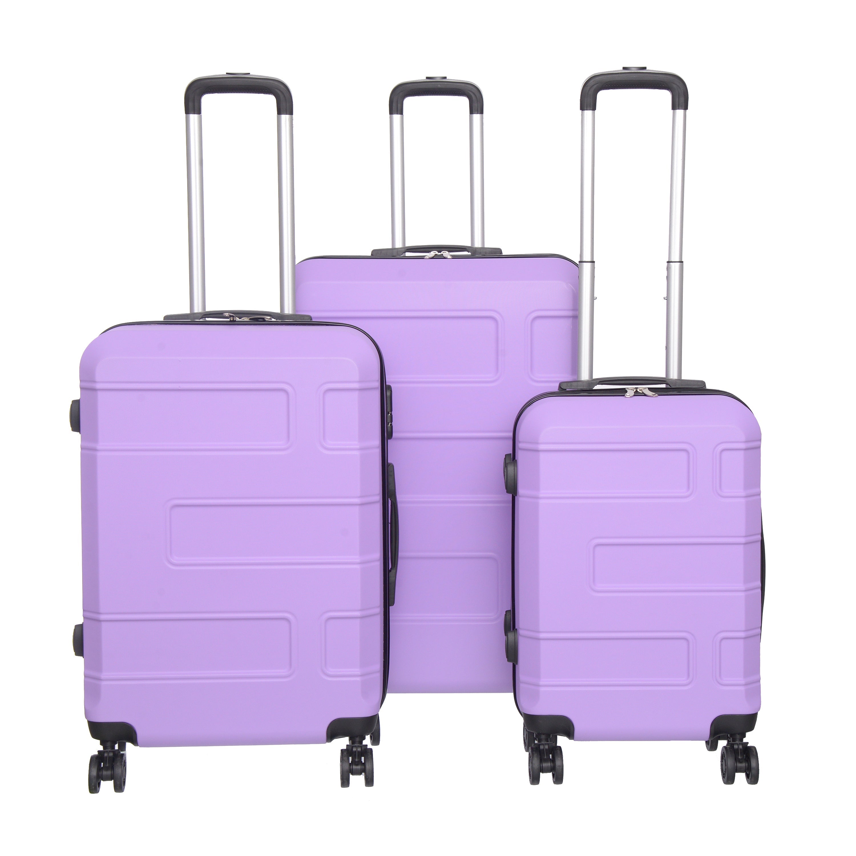 3 piece luggage set in various colors including purple, pink, charcoal, and blue, showcasing spinner wheels and telescopic handle.