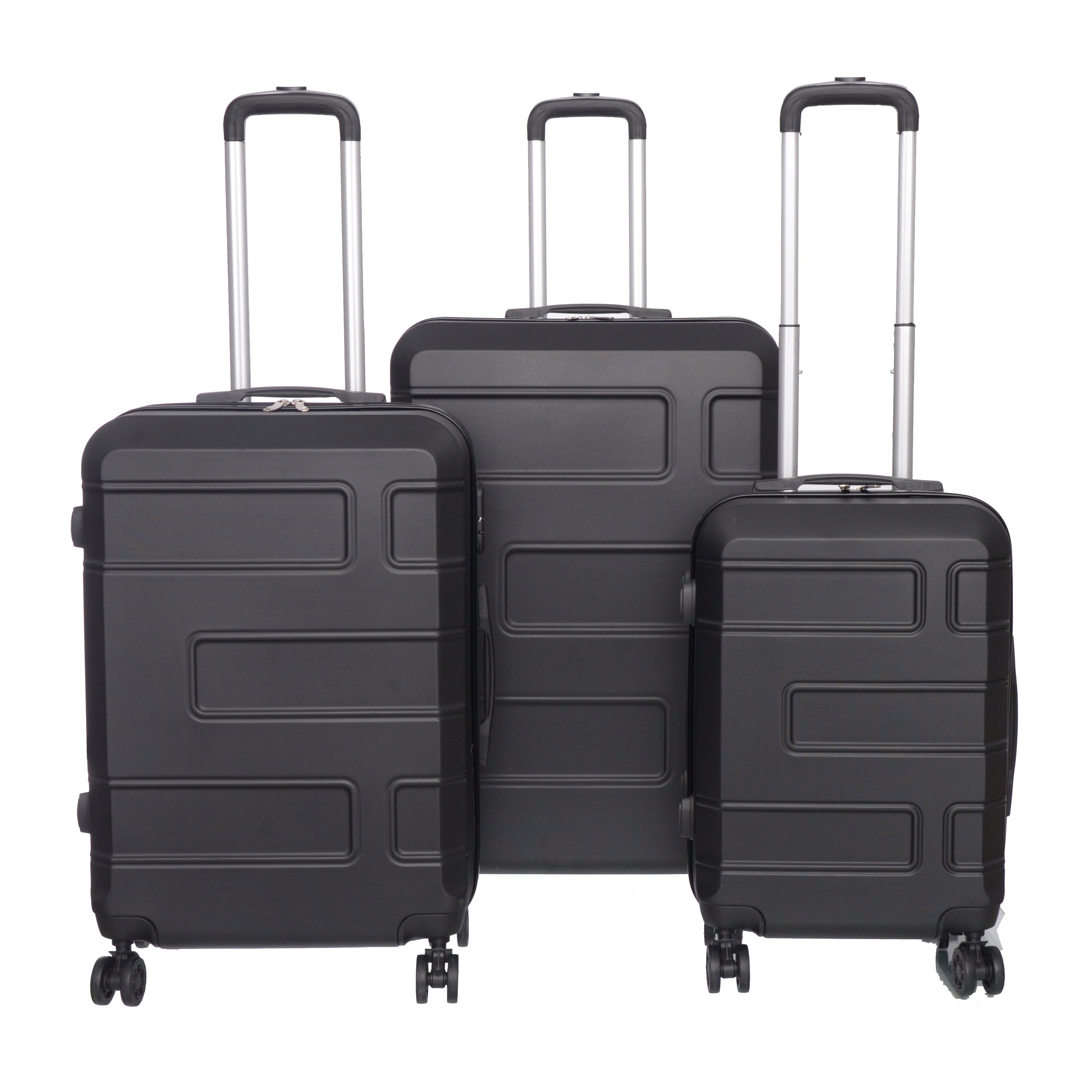 3 piece luggage set in various colors including purple, pink, charcoal, and blue, showcasing spinner wheels and telescopic handle.